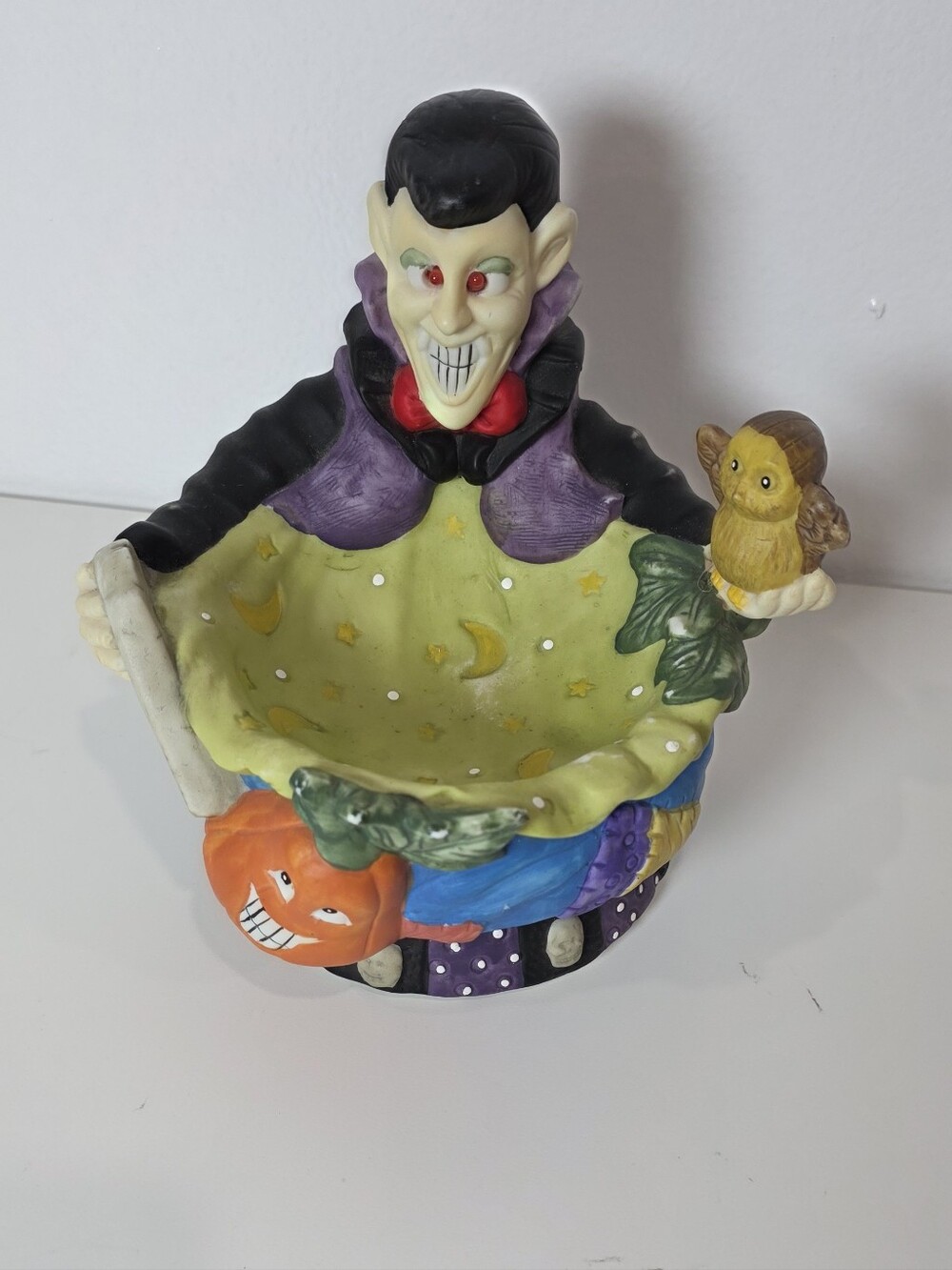 🎃 Vintage Hand-painted Ceramic Dracula Vampire Halloween Candy Bowl